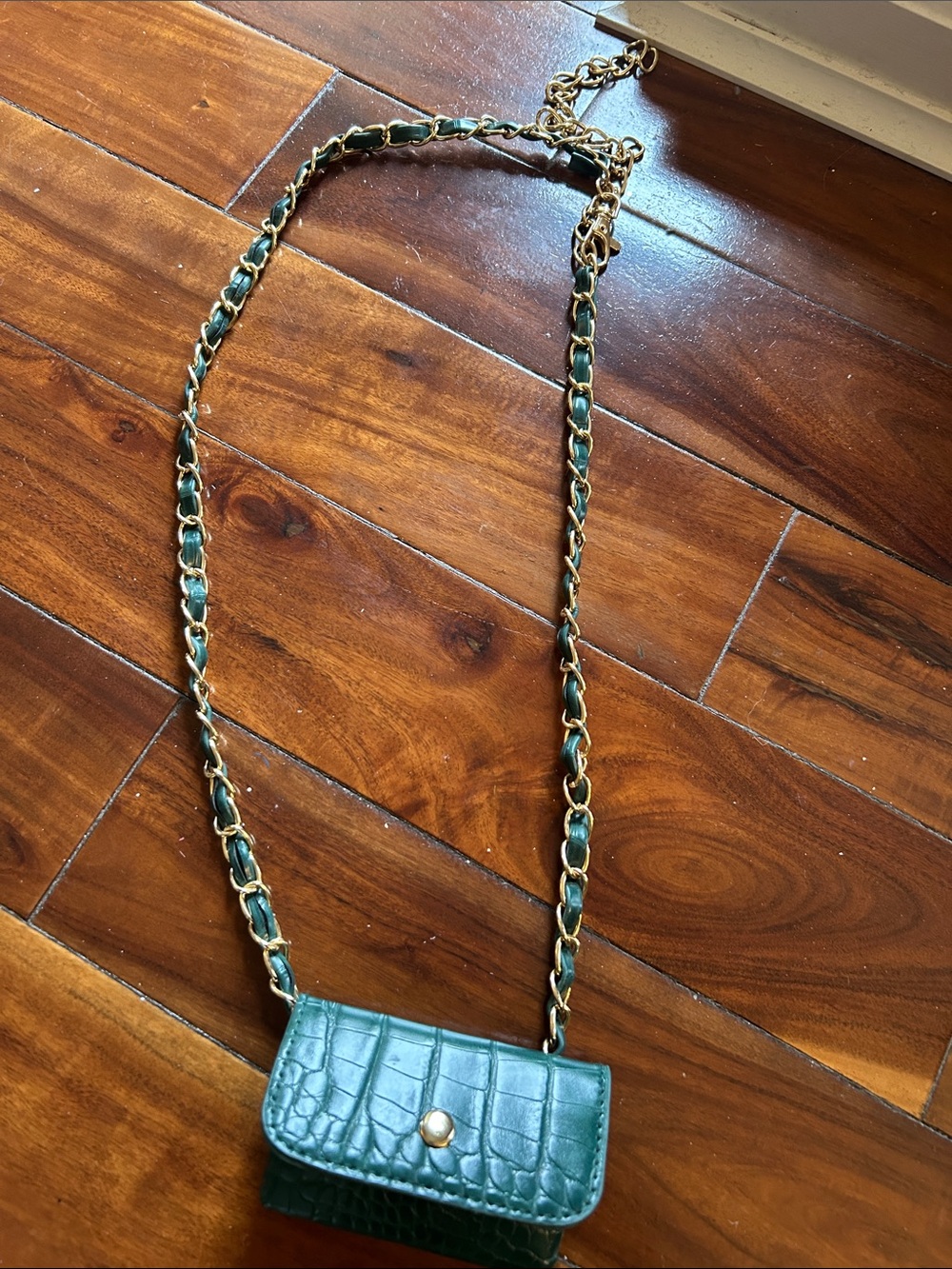 Anthropologie Green Croc-Embossed Mini Crossbody with Gold Chain/ Card Purse